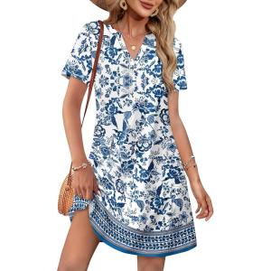 image:imageWIHOLL Summer Dresses for Women Casual V Neck Wedding Guest Dress Hawaiian Midi Dress Fashion Beach Vacation Clothes5mandala Boho Print