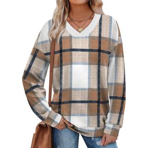 image:imageWIHOLL Sweatshirt for Women V Neck Sweaters Long Sleeve Shirts Fall Clothes Ribbed Collar 2025 Trendy FashionAll Plaid Brown Yellow White