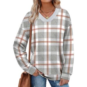 image:imageWIHOLL Sweatshirt for Women V Neck Sweaters Long Sleeve Shirts Fall Clothes Ribbed Collar 2025 Trendy FashionAll Plaid Grey Brown White