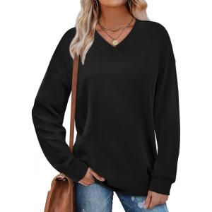 image:imageWIHOLL Sweatshirt for Women V Neck Sweaters Long Sleeve Shirts Fall Clothes Ribbed Collar 2025 Trendy FashionBlack