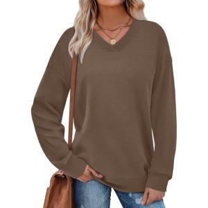 image:imageWIHOLL Sweatshirt for Women V Neck Sweaters Long Sleeve Shirts Fall Clothes Ribbed Collar 2025 Trendy FashionCoffee