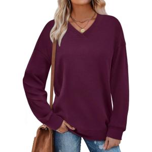 image:imageWIHOLL Sweatshirt for Women V Neck Sweaters Long Sleeve Shirts Fall Clothes Ribbed Collar 2025 Trendy FashionFuchsia