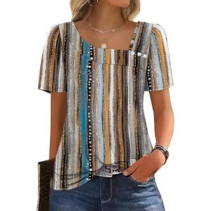 image:imageWIHOLL Womens Summer Tops Short Sleeve Shirts Square Neck Spring Outfits 2026 Fashion Clothing BlousesStripes Multicoloured