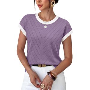 image:imageWIHOLL Womens Summer Tops Short Sleeve Sweater Work Office Business Casual Outfits Fashion Clothing04  Purple