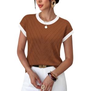 image:imageWIHOLL Womens Summer Tops Short Sleeve Sweater Work Office Business Casual Outfits Fashion Clothing07  Red Brown
