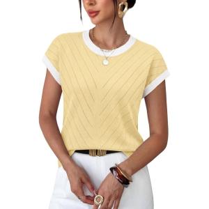 image:imageWIHOLL Womens Summer Tops Short Sleeve Sweater Work Office Business Casual Outfits Fashion Clothing09  Yellow
