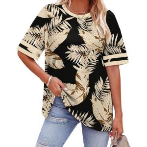 image:imageWIHOLL Womens T Shirts Loose Fit Short Sleeve Tees Crew Neck Color Block Summer Tops 2026 FashionBlack Beige Tropical Leaves