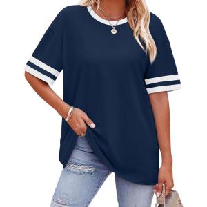 image:imageWIHOLL Womens T Shirts Loose Fit Short Sleeve Tees Crew Neck Color Block Summer Tops 2026 FashionNavy Blue