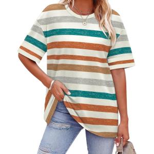 image:imageWIHOLL Womens T Shirts Loose Fit Short Sleeve Tees Crew Neck Color Block Summer Tops 2026 FashionOrange Stripes