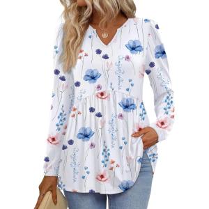 image:imageWIHOLL Womens Tops Long Sleeve Fall Shirts Babydoll Peplum Tops for Women V Neck Tunic Dressy Casual BlousesWhite Floral