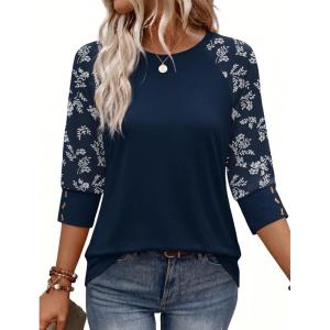 image:imageWIHOLL Womens Tops Summer 34 Sleeve with Buttons Dressy Casual Blouses Color Block Raglan Outfits Fashion Clothing 2026Blue Floral