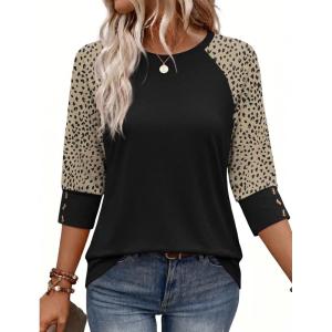 image:imageWIHOLL Womens Tops Summer 34 Sleeve with Buttons Dressy Casual Blouses Color Block Raglan Outfits Fashion Clothing 2026Brown Leopard
