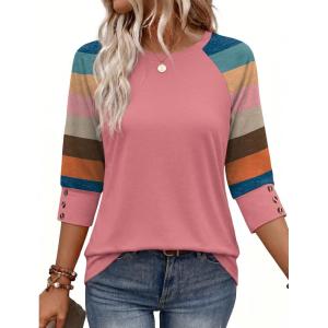 image:imageWIHOLL Womens Tops Summer 34 Sleeve with Buttons Dressy Casual Blouses Color Block Raglan Outfits Fashion Clothing 2026Colorful Striped