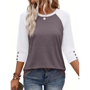 image:imageWIHOLL Womens Tops Summer 34 Sleeve with Buttons Dressy Casual Blouses Color Block Raglan Outfits Fashion Clothing 2026Mocha Grey Purple
