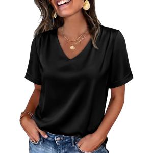 image:imageWIHOLL Work Blouses for Women Dressy Casual Summer Tops V Neck Short Sleeve ShirtsBlack