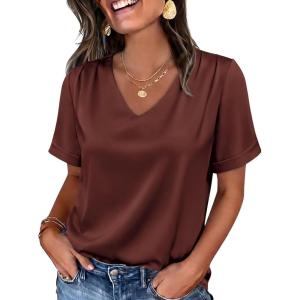 image:imageWIHOLL Work Blouses for Women Dressy Casual Summer Tops V Neck Short Sleeve ShirtsBrown
