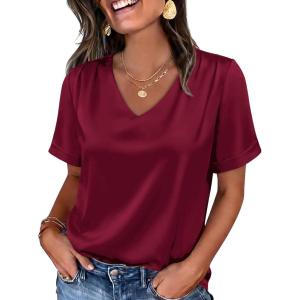 image:imageWIHOLL Work Blouses for Women Dressy Casual Summer Tops V Neck Short Sleeve ShirtsBurgundy