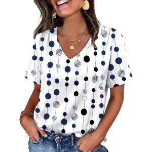 image:imageWIHOLL Work Blouses for Women Dressy Casual Summer Tops V Neck Short Sleeve ShirtsGeometry