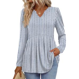 image:imageWomens Long Sleeve Tops Dressy Casual V Neck Babydoll Shirts Basic Tunic Tops for Leggings Blue Striped S