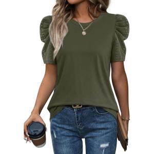 image:imageWIHOLL Summer Tops for Women Puff Sleeve Crewneck T Shirts Dressy Casual Blouses Spring Outfits Fashion ClothesArmy Green
