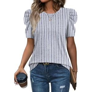image:imageWIHOLL Summer Tops for Women Puff Sleeve Crewneck T Shirts Dressy Casual Blouses Spring Outfits Fashion ClothesBlue Strips