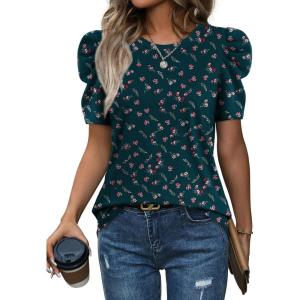 image:imageWIHOLL Summer Tops for Women Puff Sleeve Crewneck T Shirts Dressy Casual Blouses Spring Outfits Fashion ClothesDark Green Floral