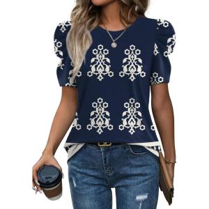 image:imageWIHOLL Summer Tops for Women Puff Sleeve Crewneck T Shirts Dressy Casual Blouses Spring Outfits Fashion ClothesNavy Blue Boho