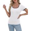 image:imageWIHOLL Womens Ribbed Knit Scoop Neck Tees Slim Fit Short Sleeve Tops Summer 2025 Trendy Basic TshirtsColor Block White