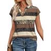 image:imageWIHOLL Womens Summer Tops V Neck T Shirts Cap Sleeve Business Casual Outfits Loose Fit Beach Vacation Clothes Basic TeesBrown Stripe