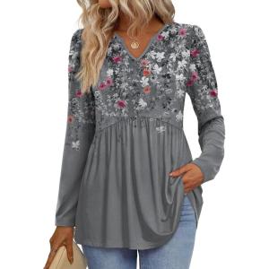 image:imagePlus Size Clothes for Women Trendy Fall Fashion Must Haves Long Sleeve Ladies Tops Business Casual Work Shirts Floral Grey XL
