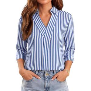 image:imageWIHOLL 34 Length Sleeve Womens Tops Dressy V Neck Collared Shirts Business Casual Work Blouses Summer Vacation Outfits 2026Ablue Stripes