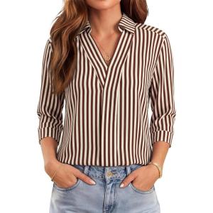 image:imageWIHOLL 34 Length Sleeve Womens Tops Dressy V Neck Collared Shirts Business Casual Work Blouses Summer Vacation Outfits 2026Abrown Stripes