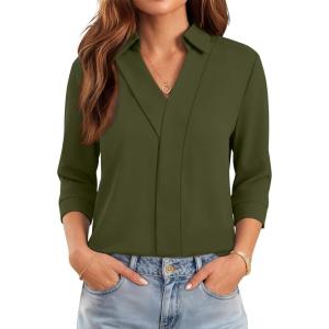 image:imageWIHOLL 34 Length Sleeve Womens Tops Dressy V Neck Collared Shirts Business Casual Work Blouses Summer Vacation Outfits 2026Army Green