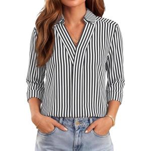 image:imageWIHOLL 34 Length Sleeve Womens Tops Dressy V Neck Collared Shirts Business Casual Work Blouses Summer Vacation Outfits 2026Black Stripes