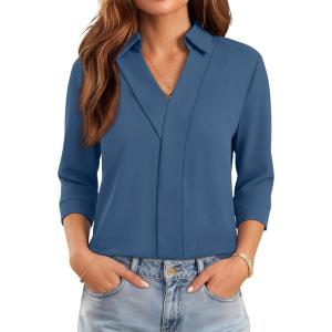 image:imageWIHOLL 34 Length Sleeve Womens Tops Dressy V Neck Collared Shirts Business Casual Work Blouses Summer Vacation Outfits 2026Blue
