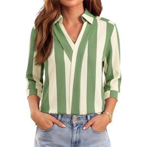image:imageWIHOLL 34 Length Sleeve Womens Tops Dressy V Neck Collared Shirts Business Casual Work Blouses Summer Vacation Outfits 2026Green Stripes