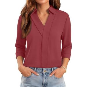 image:imageWIHOLL 34 Length Sleeve Womens Tops Dressy V Neck Collared Shirts Business Casual Work Blouses Summer Vacation Outfits 2026Mineral Red
