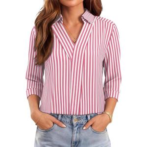 image:imageWIHOLL 34 Length Sleeve Womens Tops Dressy V Neck Collared Shirts Business Casual Work Blouses Summer Vacation Outfits 2026Pink Stripes