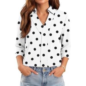 image:imageWIHOLL 34 Length Sleeve Womens Tops Dressy V Neck Collared Shirts Business Casual Work Blouses Summer Vacation Outfits 2026Polka Dots