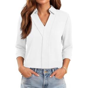 image:imageWIHOLL 34 Length Sleeve Womens Tops Dressy V Neck Collared Shirts Business Casual Work Blouses Summer Vacation Outfits 2026White
