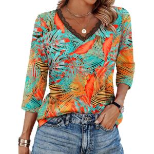 image:imageWIHOLL 34 Length Sleeve Womens Tops Lace V Neck Tunic Tops Loose Fit Dressy Casual Shirts BlousesPrint 3