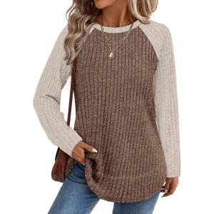 image:imageWIHOLL Long Sleeve Shirts for Women 2026 Fall Sweaters Lightweight Casual Tunic Tops Loose Fit Winter Clothing S2XL1paneled Apricot Brown