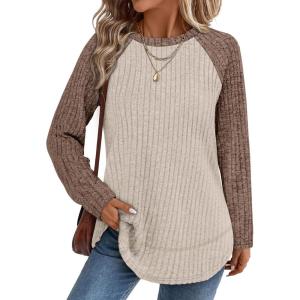 image:imageWIHOLL Long Sleeve Shirts for Women 2026 Fall Sweaters Lightweight Casual Tunic Tops Loose Fit Winter Clothing S2XL1paneled Brown Apricot