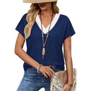 image:imageWIHOLL Summer Tops for Women Dressy Casual Short Sleeve Shirts Business Casual T Shirts Beach Vacation ClothesNavy Blue