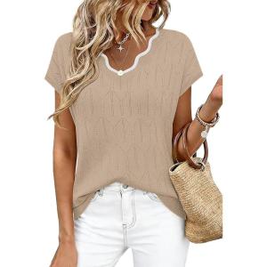 image:imageWIHOLL Womens Summer Tops Cap Sleeve Sweater V Neck Shirts Beach Vacation Clothes Business Casual Fashion Clothing1apricot