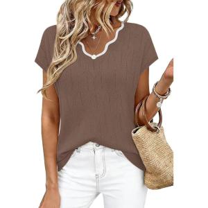 image:imageWIHOLL Womens Summer Tops Cap Sleeve Sweater V Neck Shirts Beach Vacation Clothes Business Casual Fashion Clothing1coffee