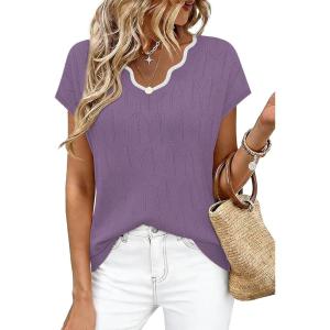 image:imageWIHOLL Womens Summer Tops Cap Sleeve Sweater V Neck Shirts Beach Vacation Clothes Business Casual Fashion Clothing1purple