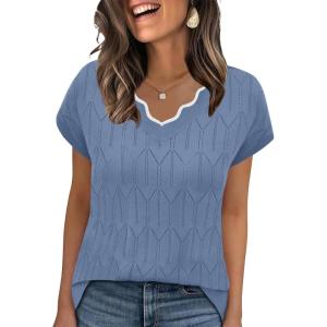 image:imageWIHOLL Womens Summer Tops Cap Sleeve Sweater V Neck Shirts Beach Vacation Clothes Business Casual Fashion ClothingBlue