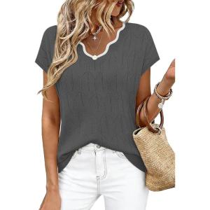 image:imageWIHOLL Womens Summer Tops Cap Sleeve Sweater V Neck Shirts Beach Vacation Clothes Business Casual Fashion ClothingGrey