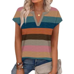 image:imageWIHOLL Womens Summer Tops V Neck T Shirts Cap Sleeve Business Casual Outfits Loose Fit Beach Vacation Clothes Basic TeesColorful Striped